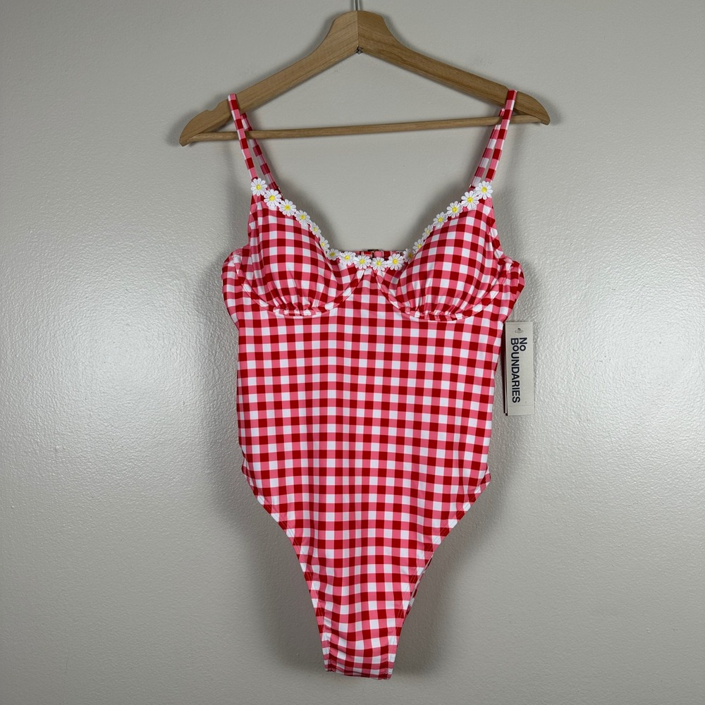 No Boundaries‎ Women's M One Piece Swimsuit Red Gingham Daisy Underwire